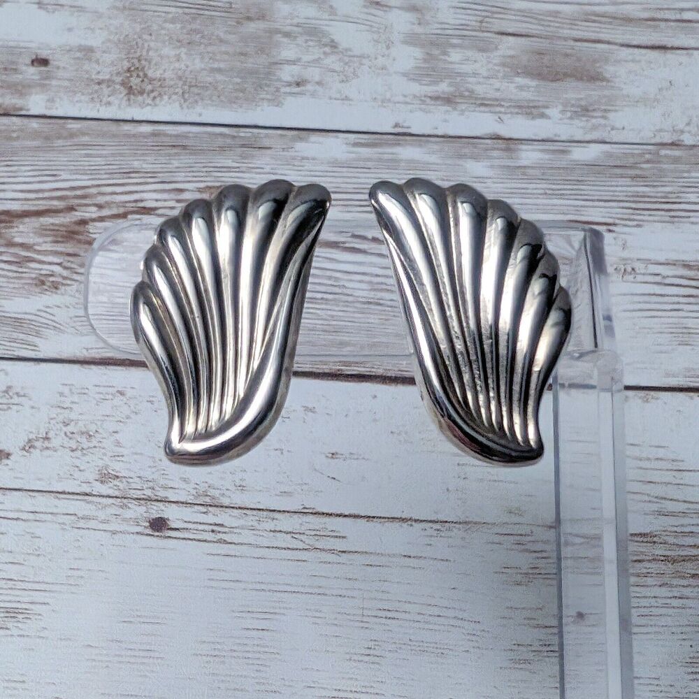 Vintage Clip On Earrings - 1 & 3/8" Silver Flourish Large Statement